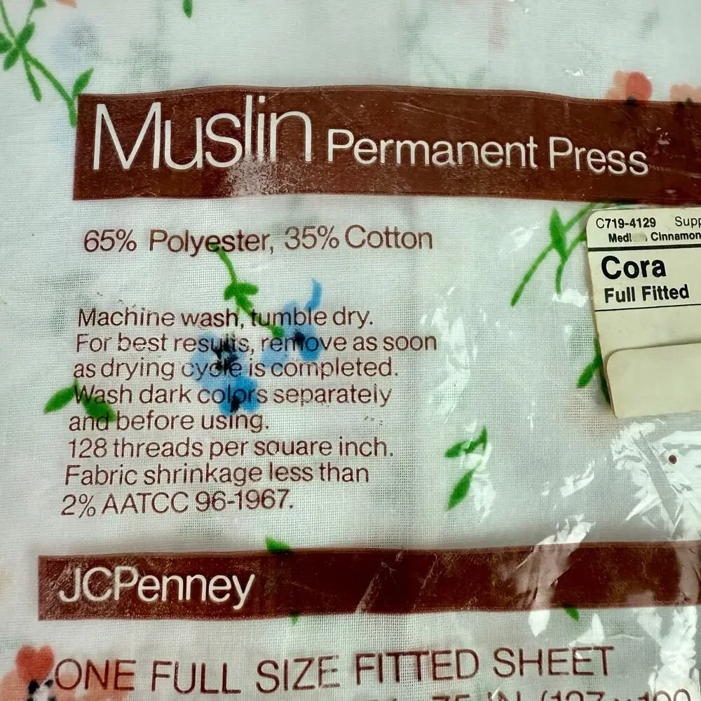JCPenney NOS VTG Muslin White & Floral Print Cora Full Fitted Sheet In Package - Picture 3 of 5